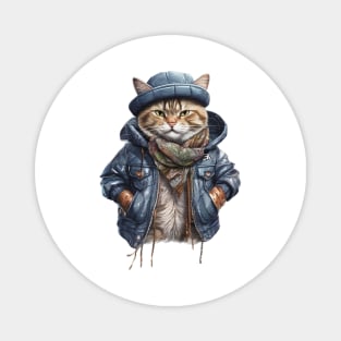 cute street cat wearing a leather jacket and hat Magnet